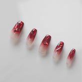 Vibeficant Progel Glitter Red Ombre Handmade Gel Press on Nails Medium Coffin Heart Rhinestone Design